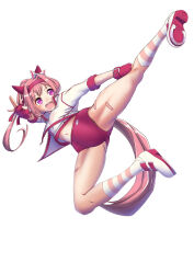 1girl animal_ears buruma capcom chun-li commentary_request ear_covers fingerless_gloves flower-shaped_pupils flower_in_eye gloves gym_shirt gym_uniform haru_urara_(umamusume) headband high_kick horse_ears horse_girl horse_tail horseshoe kicking long_hair moke_ro pink_eyes pink_hair red_buruma red_gloves red_headband shirt simple_background socks solo street_fighter striped_clothes striped_socks symbol-shaped_pupils symbol_in_eye t-shirt tail tenshokyaku umamusume white_background white_shirt