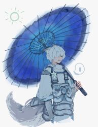 1boy absurdres animal_ear_fluff animal_ears armor blush closed_eyes cropped_legs dog_boy dog_ears dog_tail fangs flower fubuki_(rune_factory) hair_over_one_eye highres holding holding_umbrella japanese_armor japanese_clothes male_focus munh422 oil-paper_umbrella open_mouth rune_factory rune_factory:_guardians_of_azuma simple_background solo spoken_sweatdrop sweat sweatdrop tail umbrella white_background white_flower