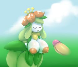 1girl blue_background blue_sky breasts closed_eyes cloud crown day disembodied_penis erection flower gen_5_pokemon gradient_background green_background green_hair hair_flower hair_ornament highres huge_breasts large_areolae leaning_forward lilligant long_hair metachoke mini_crown nintendo nipples no_humans open_mouth outdoors own_hands_together penis pokemon pokemon_(creature) pokemon_bw red_flower simple_background sky solo standing uncensored v_arms