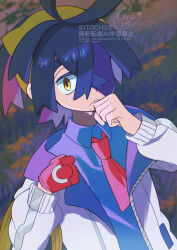 1boy black_hair blue_shirt blurry blurry_background clenched_hands closed_mouth collared_shirt colored_inner_hair commentary_request crossed_bangs gloves hairband hands_up highres jacket kieran_(pokemon) male_focus multicolored_hair necktie nintendo open_clothes open_jacket orange_(orangelv20) outdoors pokemon pokemon_sv red_gloves red_necktie shaded_face shirt signature single_glove solo sweat watermark yellow_eyes yellow_hairband zipper