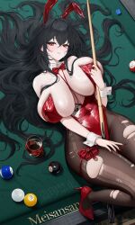 1girl absurdres animal_ear_hairband animal_ears azur_lane ball billiard_ball black_hair bow bowtie breasts cleavage cue_stick cup drinking_glass fake_animal_ears hairband highres holding_cue_stick huge_breasts lanyard leotard lying meisansan official_alternate_costume on_back pantyhose parted_lips playboy_bunny rabbit_ear_hairband rabbit_ears red_bow red_bowtie red_eyes red_leotard solo taihou_(azur_lane) taihou_(fun_on_the_baize)_(azur_lane) torn_clothes torn_pantyhose wine_glass wrist_cuffs