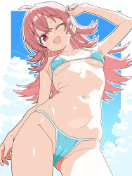 1girl ahoge bikini blue_sky breasts covered_erect_nipples crossed_bangs hair_between_eyes highres idolmaster idolmaster_shiny_colors komiya_kaho long_hair matuo3232 navel one_eye_closed red_eyes red_hair sky small_breasts swimsuit