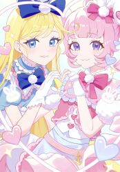 2girls :3 aozora_himari blonde_hair blue_background blue_bow blue_bowtie blue_choker blue_eyes blue_shirt blue_skirt blush bow bowtie choker commentary detached_sleeves dress fur-trimmed_collar fur-trimmed_sleeves fur_trim grin hair_bow hand_up heart heart_hands heart_hands_duo heart_in_eye highres himitsu_no_aipri hoshikawa_mitsuki idol idol_clothes looking_at_viewer multiple_girls parted_lips pink_bow pink_bowtie pink_hair pink_vest pretty_series purple_eyes shirt short_sleeves skirt sleeveless sleeveless_shirt smile sparkle symbol_in_eye towa_(tji8mwrf0e89021) upper_body vest white_dress white_shirt white_sleeves