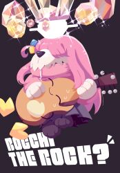 Rule 34 | absurdres, animate object, bocchi the rock!, character request, closed eyes, clothed pokemon, commentary request, copyright name, drooling, gem, gotoh hitori, greavard, hair ornament, hair over eyes, highres, name connection, nintendo, pink hair, pokemon, pun, saliva, simple background, sitting, skirt, sparkle, sweat, terastallization, ttrtag