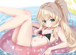 1girl bikini black_bikini blonde_hair blue_archive blush frilled_bikini frills green_eyes hair_intakes halo highres innertube long_hair looking_at_viewer nagomi_yayado navel ponytail professor_niyaniya_(blue_archive) solo swim_ring swimsuit water yellow_halo