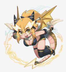1girl absurdres black_thighhighs blonde_hair borrowed_character breasts cleavage crossed_bangs dragon_girl dragon_horns dragon_tail dragon_wings fingerless_gloves flying gloves hair_ornament highres horns large_breasts lightning lightning_bolt lightning_bolt_hair_ornament lightning_bolt_symbol long_hair pointy_ears porforever raisei_no_ryu_tsukai ribbed_tank_top san-chan sharp_teeth simple_background single_thighhigh sports_bra tail taped_arms teeth thighhighs white_background wings yellow_eyes