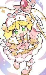 1girl :d amitie_(puyopuyo) amitie_(valkyrie)_(puyopuyo) arm_at_side arm_up blonde_hair boots bow bowtie cape capelet deformed dot_nose double-parted_bangs dress flipped_hair flower foot_out_of_frame from_above fur-trimmed_dress fur_trim gloves gold_trim green_eyes happy hat hat_flower highres holding holding_staff jaggy_lines light_blush looking_at_viewer magical_girl official_alternate_costume official_style open_mouth petittlt pink_boots pink_bow pink_bowtie pink_dress pink_hat pink_wrist_cuffs puyopuyo puyopuyo_quest raised_eyebrows smile solo sparkle staff standing white_background white_cape white_capelet white_gloves winged_boots winged_hat wrist_cuffs
