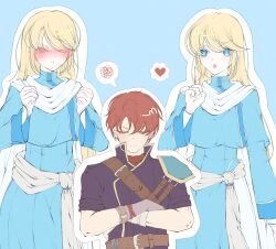 2boys androgynous armor belt black_tunic blonde_hair blue_background blue_robe blush brown_belt brown_bracelet brown_hair chest_harness clenched_hands closed_eyes colored_eyelashes crossed_arms fire_emblem fire_emblem:_the_blazing_blade gloves green_armor hair_between_eyes harness heart highres long_sleeves lucius_(fire_emblem) male_focus multiple_boys multiple_views nintendo nose_blush open_mouth outline parted_bangs pointing pointing_up raven_(fire_emblem) robe scarf_belt short_hair short_sleeves shoulder_armor single_glove speech_bubble squiggle thought_bubble tunic white_outline yaoi yurari_forever