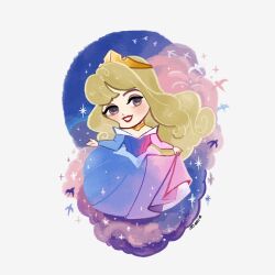 1girl animification aurora_(disney) blonde_hair blue_eyes chibi dress long_hair long_sleeves looking_at_viewer makeup meecosme princess simple_background sleeping_beauty_(disney) smile tagme tiara