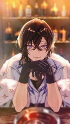 Rule 34 | 1girl, black-framed eyewear, black gloves, black hair, blue eyes, blue shirt, blurry, blurry background, blurry foreground, bottle, closed mouth, collared shirt, commentary, crossed bangs, earrings, elbow rest, feather boa, genderswap, genderswap (mtf), glasses, gloves, hair between eyes, hands up, highres, indoors, jewelry, kaburagi (pnoir087), looking at viewer, medium hair, nijisanji, own hands together, purple eyes, shelf, shikinagi akira, shirt, short sleeves, smile, solo, symbol-only commentary, table, upper body, virtual youtuber