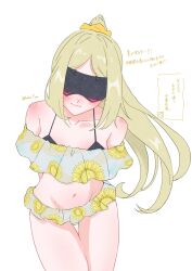 1girl arms_behind_back ashimi_fugo bare_shoulders bikini bikini_skirt black_blindfold black_bra blindfold blonde_hair blush bra cowboy_shot floral_print frilled_bikini frills highres long_hair looking_at_viewer ruffle_bikini smile sunflower_print swimsuit trigger_(zenless_zone_zero) underwear yellow_bikini zenless_zone_zero