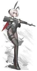1girl absurdres alternate_costume an-94 an-94_(girls&#039;_frontline) animal_ears assault_rifle black_boots black_leotard black_necktie blonde_hair blue_eyes boots capelet cheogtanbyeong closed_mouth covered_navel fake_animal_ears full_body girls&#039;_frontline gloves gun hair_between_eyes hair_bun hairband half_gloves highres holding holding_weapon holster jacket leotard long_sleeves magazine_(weapon) medium_hair necktie nontraditional_playboy_bunny open_clothes open_jacket pantyhose rabbit_ears red_capelet rifle shirt shirt_tucked_in smoke solo tail thigh_boots thigh_holster trigger_discipline weapon white_background white_shirt