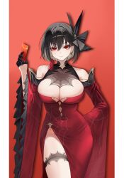 1girl absurdres azur_lane bare_shoulders black_gloves black_hair breasts chien_wu_(azur_lane) chinese_commentary cleavage commentary_request cowboy_shot detached_sleeves dress earrings gem gloves hair_ornament half_gloves highres hszy jewelry large_breasts long_sleeves looking_at_viewer medium_hair red_background red_dress red_eyes red_gemstone side_slit silk simple_background solo spider_web thigh_strap wide_sleeves