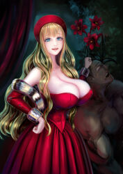 1boy 1girl artist_request breasts dress femdom grabbing_another&#039;s_hair highres large_breasts pointy_breasts princess red_dress reverse_ryona sadism sagging_breasts smile tagme