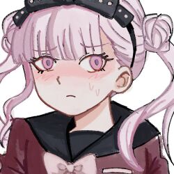 Rule 34 | 1girl, black bow, black hairband, black headband, blush, bow, closed mouth, female focus, frown, hair bow, hairband, headband, matching hair/eyes, pink eyes, pink hair, simple background, solo, solo focus, the hundred line -last defense academy-, tsukumo kako, upper body, white background