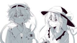 2girls black_hairband black_hat buttons crying diamond_button eyeball frilled_shirt_collar frills hair_ornament hairband hat hat_ribbon heart heart_button heart_hair_ornament heart_of_string highres komeiji_koishi komeiji_satori monochrome multiple_girls ribbon siblings sisters tears third_eye touhou white_background yimudesu