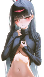 1girl absurdres black_hair black_shirt blue_archive blush breasts clothes_lift domi_(hongsung0819) hair_behind_ear hair_ornament hairclip highres large_breasts long_hair looking_at_viewer midriff mole mole_on_breast navel parted_lips red_eyes rio_(blue_archive) shirt shirt_lift sleeves_past_wrists solo sweatdrop turtleneck turtleneck_shirt upper_body