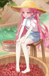 1girl @_@ absurdres alternate_costume bare_legs barefoot barrel berry blue_archive blue_choker blue_overalls braid choker commentary furrowed_brow hair_ribbon halo hand_on_own_leg hat highres leaf long_hair open_mouth orange_halo overall_skirt overalls purple_eyes red_hair ribbon ribbon_choker shirt sitting solo straw_hat very_long_hair white_shirt wine_rack wlswlp wooden_chair yuzu_(blue_archive)