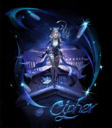 1girl ;o animal_ears animal_hood black_hood black_leotard blue_eyes boots breasts cat_ears cat_girl cat_hood cat_tail chimera_(honkai:_star_rail) cipher_(honkai:_star_rail) coin corrupted_twitter_file gold_boots gold_coin grey_hair hashtag-only_commentary highres honkai:_star_rail honkai_(series) hood leotard mole mole_on_breast night night_sky on_roof one_eye_closed outdoors short_hair_with_long_locks shorts shum sky solo tail thighs white_shorts