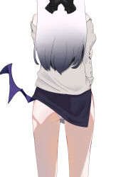 1girl absurdres argusrho_01 black_dress black_nails blue_archive brown_jacket clothes_lift dress dress_lift facing_away from_behind hand_on_own_arm highres jacket kayoko_(blue_archive) kayoko_(dress)_(blue_archive) long_hair low_wings panties purple_wings simple_background single_wing solo underwear white_background white_hair white_panties wings