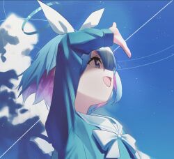 Rule 34 | 1girl, arona (blue archive), blue archive, blue hair, blue halo, blue shirt, blue sky, choker, cloud, colored inner hair, commentary request, cumulonimbus cloud, hair over one eye, halo, hand over face, long sleeves, multicolored hair, neckerchief, open mouth, outdoors, sailor collar, school uniform, shirt, short hair, sky, solo, user hykc3887, white neckerchief, white sailor collar