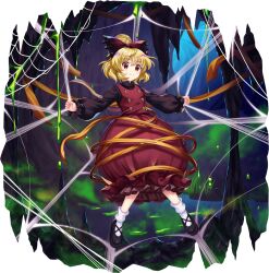 1girl black_shoes blonde_hair bow brown_bow brown_dress brown_eyes cave_interior closed_mouth dress full_body game_cg hair_bow highres kurodani_yamame long_sleeves looking_at_viewer official_art puffy_dress rotte_(1109) shoes short_hair silk smile socks solo spider_web stalactite stalagmite third-party_source touhou touhou_lostword transparent_background water white_socks