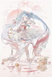 1girl absurdly_long_hair absurdres asymmetrical_legwear baoxian_lengdong_gui bare_shoulders blue_eyes blue_hair bottle cake cupcake dress elbow_gloves flower food frilled_dress frills fruit full_body gloves gradient_hair hair_ornament hairband hatsune_miku highres holding layered_dress long_hair looking_at_viewer multicolored_hair one_eye_closed open_mouth petals plate red_ribbon ribbon rose single_thighhigh smile solo sparkle standing standing_on_one_leg strapless strapless_dress strawberry thighhighs twintails very_long_hair vocaloid white_dress white_flower white_gloves white_thighhighs