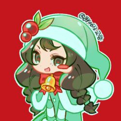 bell black_hair blush_stickers bow bowtie braid capelet chibi christmas coat dress fur-trimmed_capelet fur_trim green_capelet green_coat green_dress green_eyes gyo613 hat long_sleeves looking_at_viewer lowres neck_bell open_mouth outline red_background red_bow red_bowtie seol_mi-ri simple_background smile solo striped_clothes twin_braids twitter_username white_outline zombie_high_school