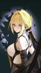 Rule 34 | 1girl, absurdres, ai dongdong, bare shoulders, black gloves, black jacket, black ribbon, blonde hair, breasts, chinese commentary, closed mouth, clothes down, commentary request, earpiece, elbow gloves, evelyn chevalier, from side, gloves, hair ornament, highres, jacket, large breasts, looking at viewer, mole, mole under eye, purple eyes, ribbon, ring hair ornament, shadow, shirt, short hair, sidelocks, single elbow glove, solo, white shirt, zenless zone zero
