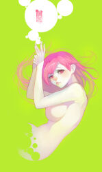 1girl arms_up breasts closed_mouth commentary_request completely_nude copyright_request floating_hair green_background highres large_breasts long_hair looking_at_viewer looking_to_the_side nipples nude pink_hair red_eyes simple_background solo wookyung