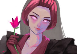 1girl ao-illust arabian_clothes black_hair closed_mouth disneyland dress farja flower gloves highres lips long_hair long_sleeves makeup pink_eyes red_gloves simple_background smile solo upper_body