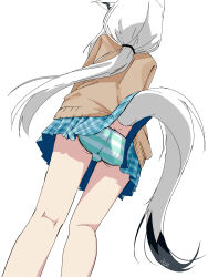Rule 34 | 1girl, absurdres, animal ears, aqua panties, ass, blue skirt, brown sweater, clothes lift, feet out of frame, fox ears, fox girl, fox tail, from behind, from below, hair ornament, hair scrunchie, highres, hololive, hololive english, kanoe nagi, long hair, long sleeves, panties, pentagram, plaid clothes, plaid skirt, ponytail, scrunchie, shirakami fubuki, simple background, skirt, skirt lift, solo, striped clothes, striped panties, sweater, tail, underwear, upskirt, very long hair, virtual youtuber, white background, white panties