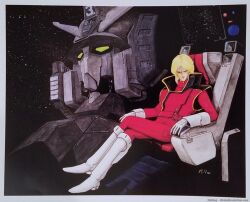 1980s_(style) aeug char_aznable gundam gundam_mk_ii looking_at_viewer machinery mecha military_uniform mobile_suit mullet nagano_mamoru official_art oldschool painting_(medium) pilot_chair production_art retro_artstyle robot scan science_fiction serious signature sitting traditional_media v-fin zeta_gundam