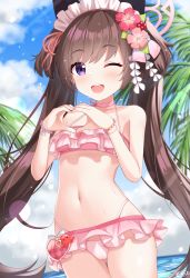 1girl animal_ears bare_shoulders beach bead_bracelet beads bikini bikini_skirt blue_archive blue_sky blush bracelet branch breasts brown_hair choker cloud collarbone cowboy_shot day enru fake_animal_ears flower hair_flower hair_ornament halo heart heart_hands highleg highleg_bikini highres jewelry leaf loli long_hair looking_at_viewer maid_headdress navel ocean one_eye_closed open_mouth outdoors palm_leaf palm_tree pink_bikini plant potted_plant purple_eyes shizuko_(blue_archive) shizuko_(swimsuit)_(blue_archive) sky small_breasts smile solo standing swimsuit tree twintails very_long_hair water