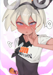 1boy ? absurdres afterimage bea_(pokemon) blush bodysuit bodysuit_under_clothes clenched_hand coin collared_shirt commentary_request cropped_shirt dynamax_band gloves hair_between_eyes hand_up highres holed_coin hypnosis korean_commentary korean_doggy male_focus mind_control nintendo open_mouth partially_fingerless_gloves pokemon pokemon_swsh shirt short_hair single_glove solo spoken_question_mark