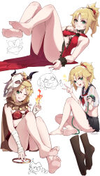 2girls absurdres ahoge alternate_costume arm_wrap ass barbarian barefoot black_socks blonde_hair blush bracelet braid breasts cloak crotch dress dripping embarrassed fate/apocrypha fate_(series) feibai fire flaming_hand flower_hairpin fujimaru_ritsuka_(female) fur_cloak fur_trim green_eyes hair_ornament hair_scrunchie highres holding holding_hose hose jewelry looking_at_viewer mask medium_hair mordred_(fate) mordred_(true_samadhi_fire)_(fate) multiple_girls multiple_views neckerchief no_shoes pleated_skirt ponytail pyrokinesis red_dress red_nails red_scrunchie sailor_collar school_uniform scrunchie serafuku shirt skirt skull_mask small_breasts smile socks soles sweat thighs toes tongue tongue_out v water wet wet_clothes wet_shirt white_background