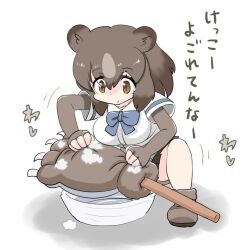 Rule 34 | 1girl, animal ears, basin, bear ears, bear girl, blue bow, blue bowtie, blush, boots, bow, bowtie, brown bear (kemono friends), brown boots, brown eyes, brown gloves, brown hair, brown skirt, collared shirt, elbow gloves, fingerless gloves, gloves, hair between eyes, kemono friends, msl2go, multicolored hair, paw stick, pleated skirt, shirt, short hair, short sleeves, sidelocks, sitting, skirt, soap bubbles, solo, t-shirt, translation request, two-tone hair, washing, white hair, white shirt