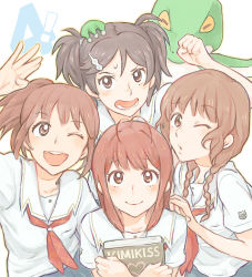 4girls black_hair blush brown_eyes brown_hair happy hoshino_yuumi kimi_kiss kuryuu_megumi long_hair mizusawa_mao multiple_girls one_eye_closed pe88y_(yu_tsugirls) sakino_asuka school_uniform smile wink