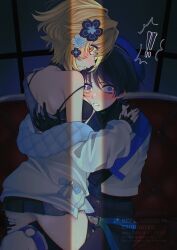 Rule 34 | !, !!, 1boy, 1girl, absurdres, amano hotaru (hotaama), bare shoulders, black gloves, black shorts, black skirt, blonde hair, blush, couch, couple, cowboy shot, dress, fingerless gloves, genshin impact, gloves, hand on another&#039;s thigh, hetero, highres, looking at viewer, lumine (genshin impact), off shoulder, official alternate costume, on couch, open mouth, purple eyes, purple hair, scaramouche (genshin impact), shirt, short hair, shorts, sitting, skirt, white dress, white shirt, yellow eyes
