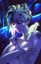 1girl android animal animal_on_shoulder asymmetrical_hair bad_end bad_id bad_pixiv_id bird bird_on_shoulder blade_runner blonde_hair blood blue_eyes breasts building covering_breasts covering_privates cyberpunk dove dying eyebrows female_focus genderswap genderswap_(mtf) good_end highres injury lips looking_at_viewer night nose rain replicant roy_batty rtil short_hair solo spoilers topless_female