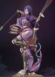 1girl 3d arrow_(projectile) black_gloves bow_(weapon) bracer breasts drawing_bow fate/grand_order fate_(series) female_focus fingerless_gloves full_body gloves highres holding holding_bow_(weapon) holding_weapon katana large_breasts leg_up leslyzerosix long_hair low-tied_long_hair minamoto_no_raikou_(fate) purple_eyes purple_hair quiver sandals solo sword very_long_hair weapon