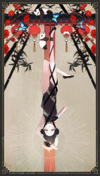 absurdres architecture bamboo steamed_bun black_dress black_footwear black_gloves black_hair black_panties blue_archive blue_butterfly blush border bug butterfly china_dress chinese_clothes commentary_request double_bun dragon_print dress east_asian_architecture fake_facial_hair fake_mustache flower food forehead full_body gloves hair_bun halo halo_behind_head hanged highres insect kisaki_(blue_archive) lantern long_hair looking_at_viewer norio_(norio386) ornate_border panda panties paper_lantern parody parted_lips pelvic_curtain red_flower side_slit tarot tassel the_hanged_man_(tarot) thighs underwear upside-down