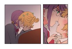 2girls blonde_hair blush bow bowtie brochan collared_shirt commentary daiba_nana english_commentary glasses green_eyes grey_jacket hand_on_another&#039;s_neck hoshimi_junna jacket long_sleeves multiple_girls open_mouth purple_hair red_bow red_bowtie seishou_music_academy_uniform shirt shoujo_kageki_revue_starlight two_side_up white_shirt yuri