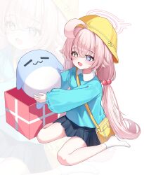 1girl absurdres ahoge bag black_skirt blue_archive blue_eyes blue_shirt blush dlrkdals070707 halo hat highres holding hoshino_(blue_archive) long_hair open_mouth pink_hair pink_halo school_bag shirt simple_background sitting skirt socks solo twintails white_background white_socks yellow_eyes yellow_hat