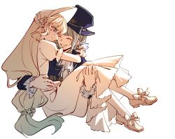 1boy 1girl absurdres aesc_(fate) aesc_(rain_witch)_(fate) artist_request blue_eyes closed_eyes commission dress fate/grand_order fate_(series) glasses hair_between_eyes hat highres long_hair oberon_(exhibition_attire)_(fate) oberon_(fate) second-party_source short_hair simple_background smile white_dress white_hair