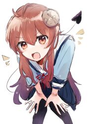 1girl ahoge bent_over commentary_request curled_horns demon_horns demon_tail fang hands_on_own_knees highres horns long_hair long_tail looking_at_viewer machikado_mazoku mill_plant necktie open_mouth red_eyes red_hair red_necktie school_uniform simple_background solo tail yoshida_yuuko_(machikado_mazoku)