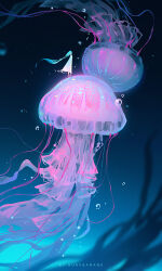 1girl absurdly_long_hair air_bubble animal aqua_hair artist_name blurry bubble dress facing_away floating_hair from_behind glowing highres huhv. jellyfish long_hair original solo standing underwater very_long_hair white_dress