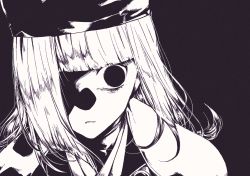 1girl black_background blunt_bangs empty_eyes fate/grand_order fate_(series) greyscale hat highres japanese_clothes kimono long_hair looking_at_viewer masaki_(star8moon) monochrome parted_lips portrait sen_no_rikyu_(fate) sen_no_rikyu_(second_ascension)_(fate) shaded_face simple_background solo
