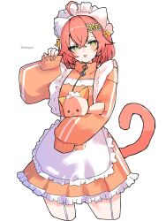 1girl ahoge apron cat_tail frilled_skirt frills hair_between_eyes highres jersey_maid looking_at_viewer maid maid_apron maid_headdress neko_kai-san nijisanji shishido_akari simple_background skirt sleeves_past_fingers sleeves_past_wrists solo tail tongue tongue_out unconventional_maid virtual_youtuber white_background