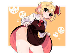 1girl absurdres black_dress black_eyes blonde_hair blush breasts clothes_lift dress dress_lift from_below hair_between_eyes happynalga highres licking_lips long_sleeves looking_at_viewer medium_breasts medium_hair neckerchief no_panties red_neckerchief red_ribbon ribbon rumia solo thick_thighs thighs tongue tongue_out touhou white_sleeves